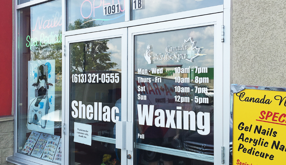 Canada Nails Spa informational signage / Full colour printed and cut vinyl graphics for the inside or outside of windows, single window prints and full cover artwork spanning multiple windows